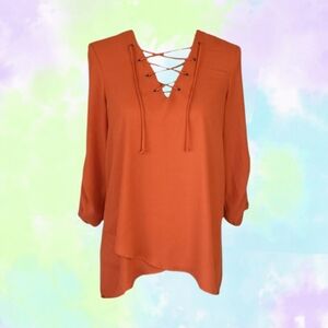 Orange Lightweight Blouse Tunic Crisscross Neckline